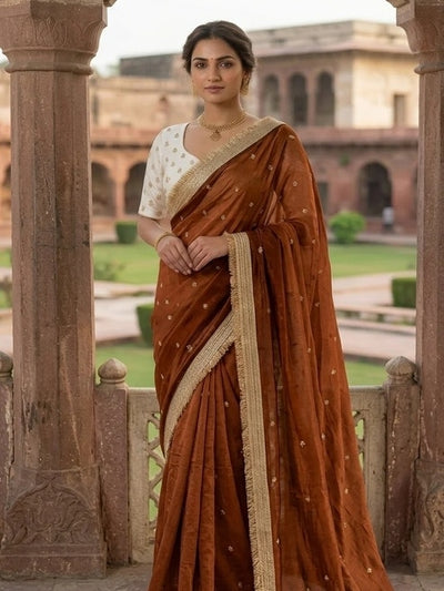 Fendy Satin Fancy Saree with Embroidery Work & Banarasi Border | Krishna Textile Market