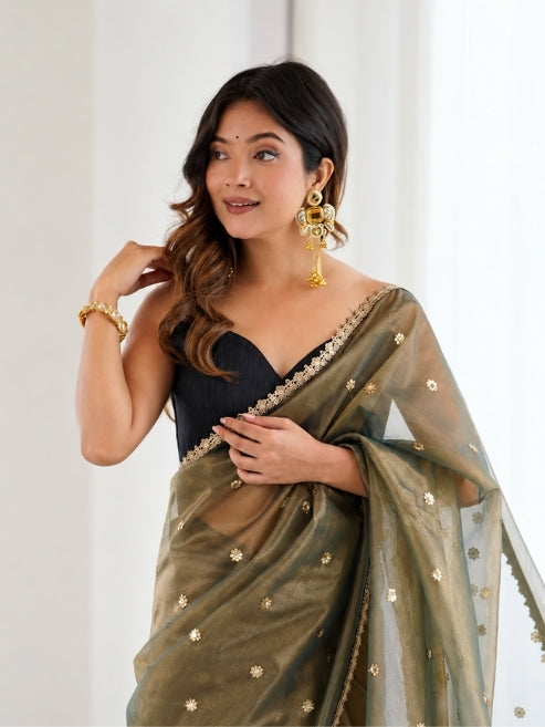 Festive wear Soft Organza Silk Saree With Floral Butti Work & Fancy Lace Border For Women