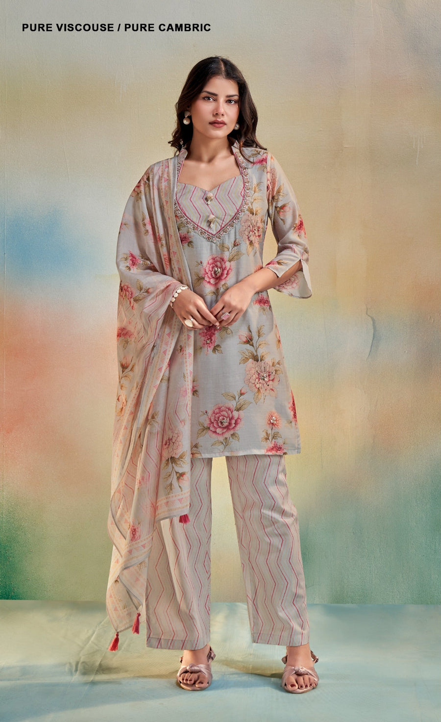 Floral Designer Kurti Pant Dupatta Set |with Handwork Neck Design | KRISHNA TEXTILES MARKET