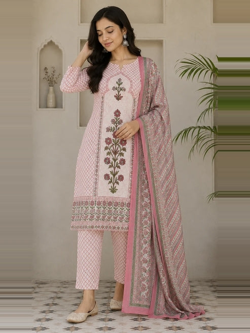 Jaipuri Pure Cotton 3 Piece Suit Set for Women