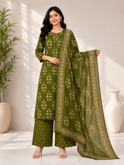 Jaipuri Pure Cotton 3 Piece Suit Set for Women | Kurti Pant Dupatta