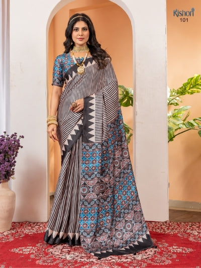 Premium Black Ivory Ajrakh Print Satin Silk Office Wear Saree With Printed Blouse