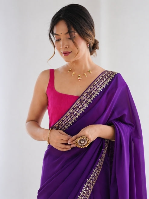 Premium Chiffon Silk Saree With Rich Zari Border & Contrast Blouse