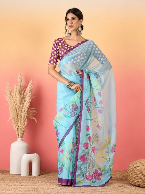 Premium Soft Organza Floral Digital Print Saree With Scallop Border & Cutdana Handwork
