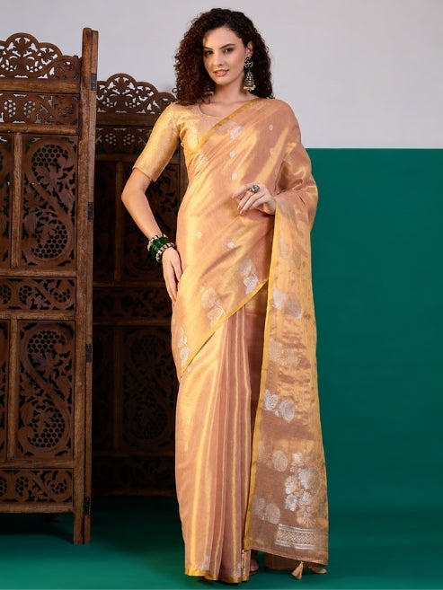 Premium Tissue Silk Saree With Rich Zari Woven Motifs & Designer Woven Blouse