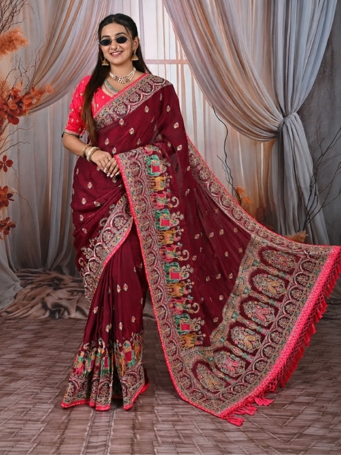 Rajwadi Soft Organza Silk Saree with Heavy Embroidery Border & Tassel Pallu for Women