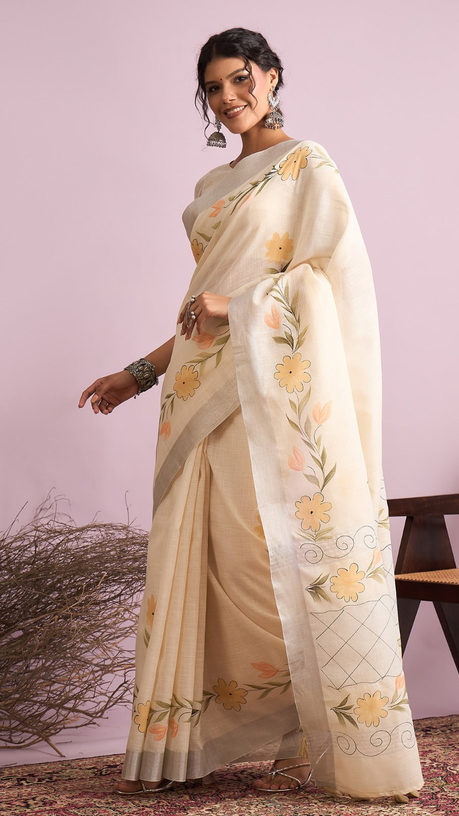 Linen Cotton Floral Printed Saree With Running Blouse For Women